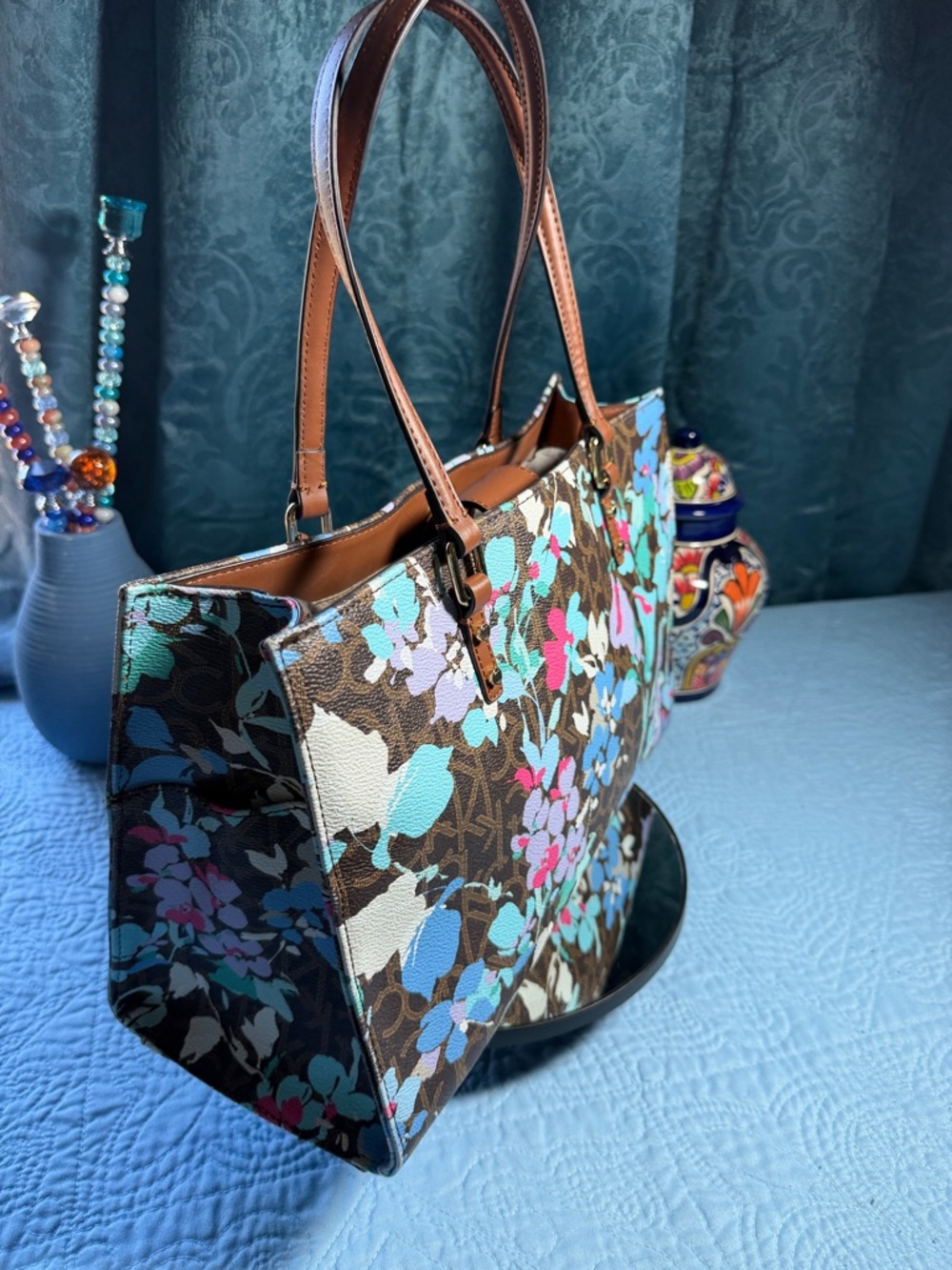 Calvin Klein Brown Floral Canvas Tote with Aqua and Light Blue Accents 13x9 - Picture 3 of 12